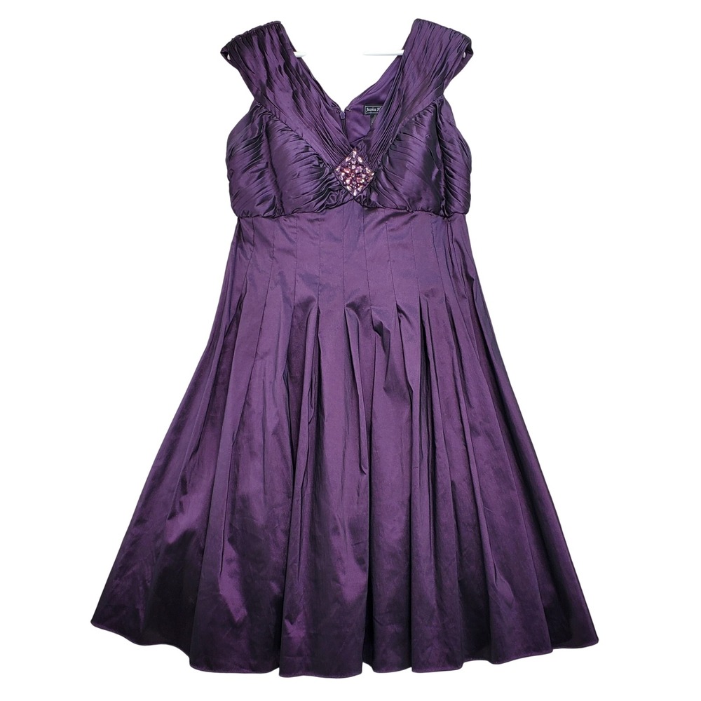 Jessica Howard Purple Rhinestone Embellished Pleated V Neck Party Dress Size 14